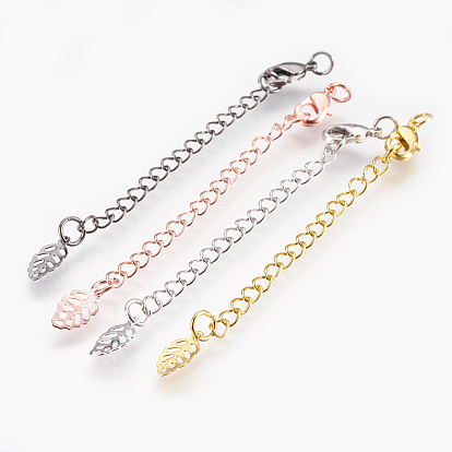 Brass Chain Extender, with Lobster Claw Clasps, Cadmium Free & Nickel Free & Lead Free, Long-Lasting Plated, Leaf