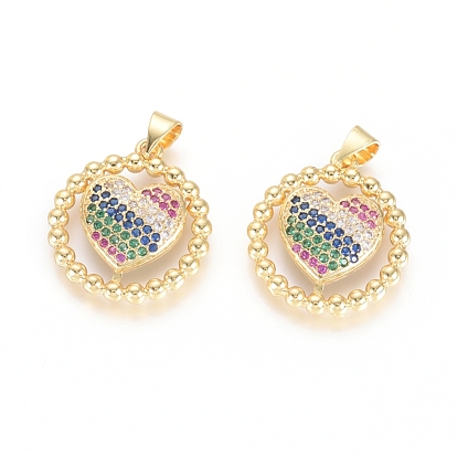 Brass Micro Pave Cubic Zirconia Pendants, Long-Lasting Plated, Flat Round with Heart