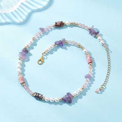 Женские ожерелья из круглого вишневого кварцевого стекла с натуральным аметистом и родонитом, с жемчугом из раковины 