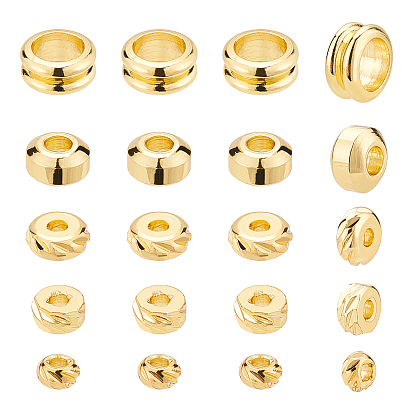 150Pcs 5 Styles Brass Spacer Beads, Long-Lasting Plated, Textured Rondelle & Flat Round & Grooved Column