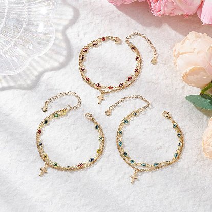 3 шт. 3 цвета браслеты ручной работы с элементами лэмпворка от сглаза, многослойные, 304 женские браслеты с подвесками в виде креста из нержавеющей стали