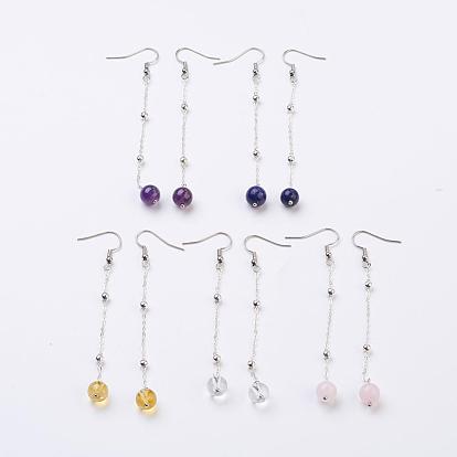 Natural Gemstone Beads Dangle Earrings, with Brass Chains and Brass Earring Hooks