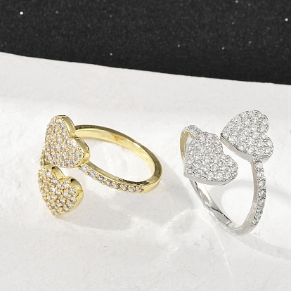 Манжеты из латуни с микро паве кубический цирконий для женщин, сердце, стойки покрытие, без кадмия и без свинца, долговечный