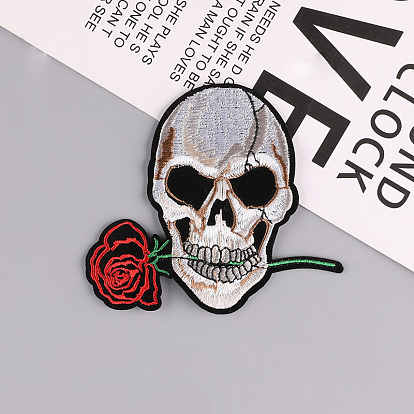 Skull with Rose Computerized Embroidery Style Cloth Iron on/Sew on Patches, Appliques, Badges, for Clothes, Dress, Hat, Jeans, DIY Decorations, for Halloween