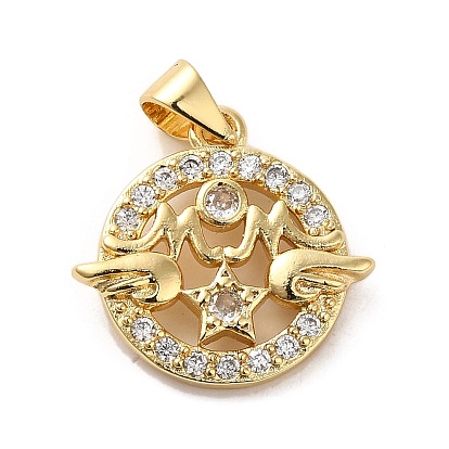 Rack Plating Brass Micro Pave Clear Cubic Zirconia Pendants, Long-Lasting Plated, Cadmium Free & Lead Free, Flat Round with Wings