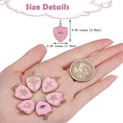 6Pcs 6 Styles Real 18K Gold Plated Brass Micro Pave Clear Cubic Zirconia Enamel Pendants, Long-Lasting Plated, with Jump Rings, Shield