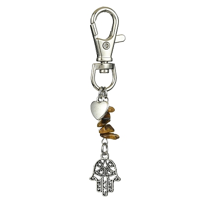 Tibetan Style Alloy Pendants Decorations, Gemstone Chips and Lobster Claw Clasps Charm, Heart