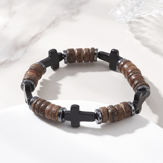 Браслеты из синтетической бирюзы с крестом, с натуральной кокосовой кроной и немагнитным синтетическим гематитом