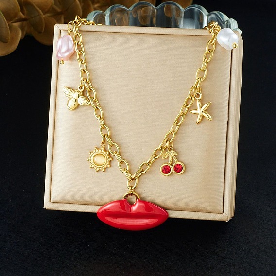 304 Женские ожерелья-нагрудники из нержавеющей стали с пластиковыми вставками, красные губы