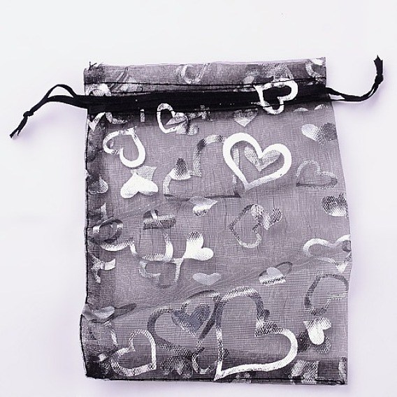 Сумочки из органзы , серебряные сердца на, со шнурком