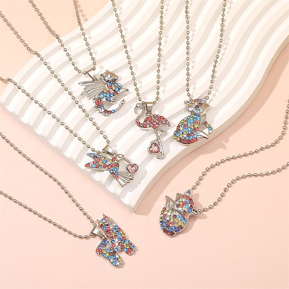 Ожерелья из сплава с разноцветными стразами для детей, форма альпаки/лисы/фламинго/птицы/дракона, платина