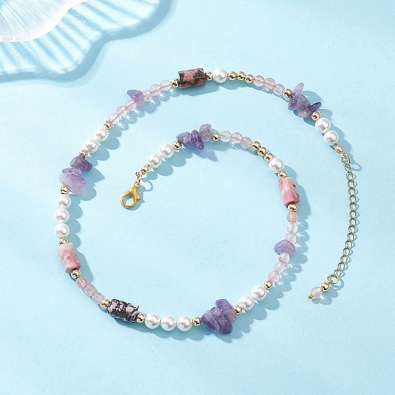 Женские ожерелья из круглого вишневого кварцевого стекла с натуральным аметистом и родонитом, с жемчугом из раковины 