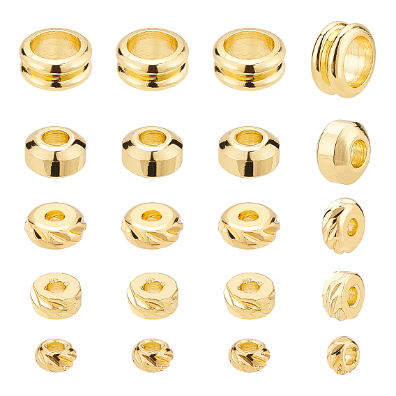 150Pcs 5 Styles Brass Spacer Beads, Long-Lasting Plated, Textured Rondelle & Flat Round & Grooved Column