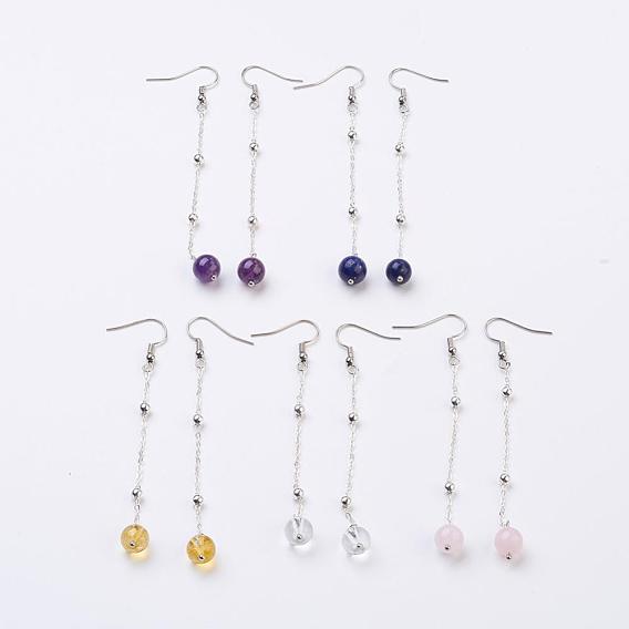 Natural Gemstone Beads Dangle Earrings, with Brass Chains and Brass Earring Hooks