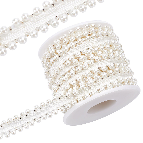 5 Yards Polyester Ribbon, with ABS Plastic Beads, Flat, Garment Accessories
