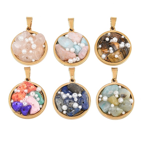 Colgantes de fragmentos de piedras preciosas naturales y perlas de plástico, 304 Dijes con bisel de acero inoxidable, dorado