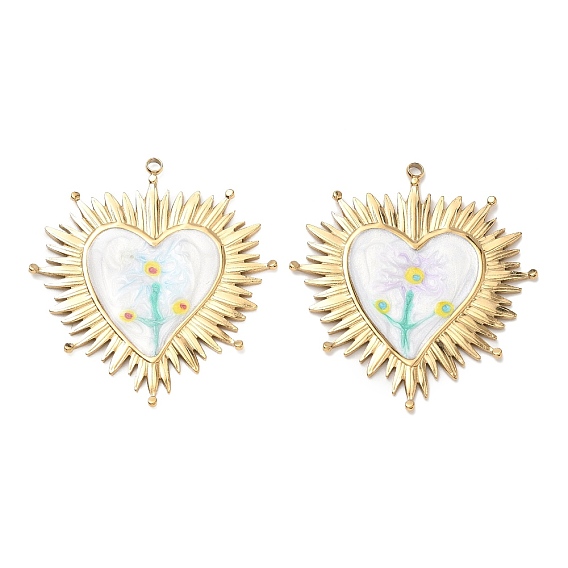 304 Stainless Steel Enamel Pendants, Heart Charms, Ion Plating(IP), Golden