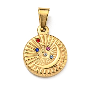 Vacuum Plating 304 Stainless Steel Pendants, with Rhinestone, Flat Round with Moon Charm