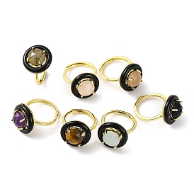 Rack Plating Round Brass Enamel Adjustable Rings, Natural Gemstone Finger Rings for Women, Golden