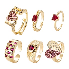 6piezas 6 estilo latón micro pavé zirconia cúbica anillos de puño, anillos abiertos, larga duración plateado, palabra y corazón y anillo y rectángulo y plano redondo