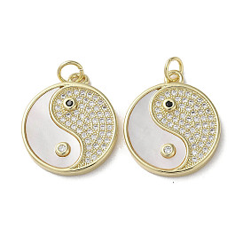 Brass Micro Pave Cubic Zirconia Pendants, with Shell, Yin-yang