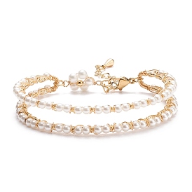 Shell Pearl Beaded Open Cuff Bangle with Flower, Brass Wire Wrap Bangle with Safety Chains for Women