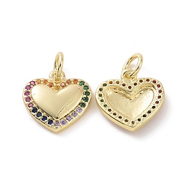 Brass Micro Pave Colorful Cubic Zirconia Charms, with Jump Ring, Heart