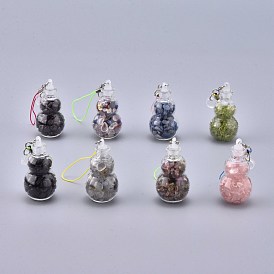 Transparent Glass Wishing Bottle Pendant Decoration, with Natural Gemstone Chips inside, Plastic Plug, Nylon Cord and Iron Findings, Gourd