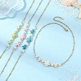 Ожерелье из синтетической бирюзы, морской звезды, черепахи и натурального жемчуга., с медными цепями, золотые