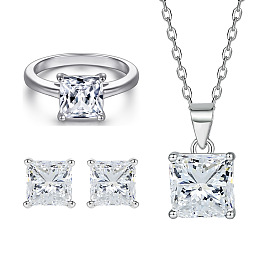 Minimalist Square Cubic Zirconia Jewelry Set - 925 Sterling Silver Ring, Earrings and Necklace for Women