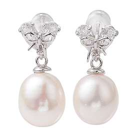 Natural Pearl Ear Studs, with Sterling Silver Micro Pave Cubic Zirconia Findings, Oval