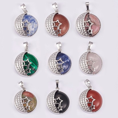 Mixed Gemstone Pendants, with Brass Findings, Flat Round with Star, Platinum