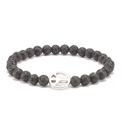 Natural Lava Rock Stretch Bracelet with Alloy Peace Sign Beaded, Essential Oil Gemstone Jewelry for Women