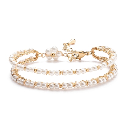 Shell Pearl Beaded Open Cuff Bangle with Flower, Brass Wire Wrap Bangle with Safety Chains for Women