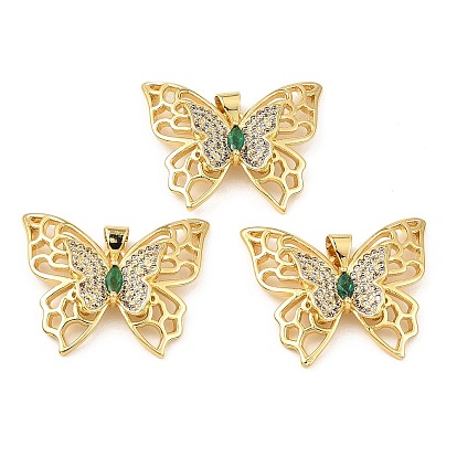 Real 18K Gold Plated Rack Plating Brass Micro Pave Cubic Zirconia Pendants, Long-Lasting Plated, Cadmium Free & Lead Free, Butterfly
 Charms