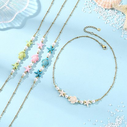 Ожерелье из синтетической бирюзы, морской звезды, черепахи и натурального жемчуга., с медными цепями, золотые