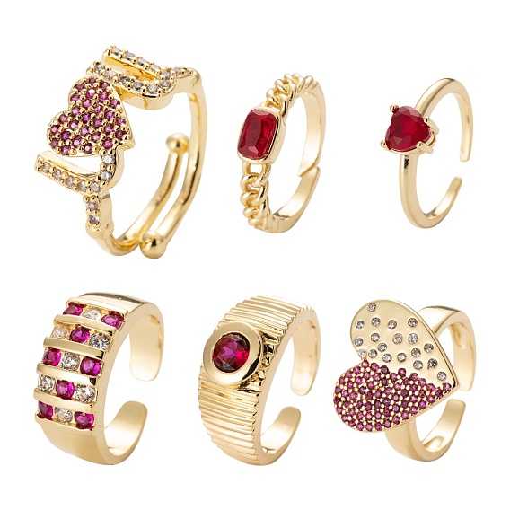 6Pcs 6 Style Brass Micro Pave Cubic Zirconia Cuff Rings, Open Rings, Long-Lasting Plated, Word & Heart & Ring & Rectangle & Flat Round