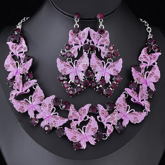 Ожерелья с подвесками из сплава эмали и страз и серьги-гвоздики, бабочка