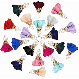 SUNNYCLUE Iron Pendants, with Cloth and ABS Plastic Imitation Pearl, Flower, Golden