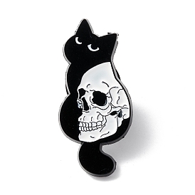 Skull with Cat  Enamel Pin, Halloween Alloy Brooch for Backpack Clothes, Electrophoresis Black