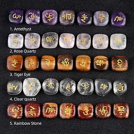 Natural Gemstone Square Display Decorations, Engraved Om Mani Padme Hum Symbol for Energy Balancing Meditation Therapy