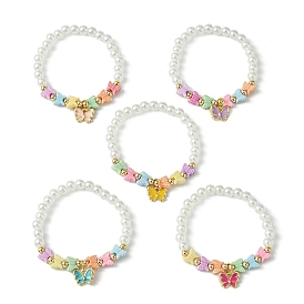 ABS Plastic Imitation Pearl Stretch Bracelets, Butterfly Alloy Enamel Charms Bracelets for Kid