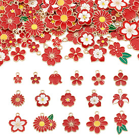 64 pcs 16 styles pendentifs en émail en alliage, charmes de fleurs, or