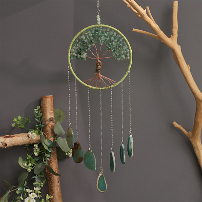 Кулон в форме дерева жизни из натуральной зеленой авантюриновой крошки, обмотанной латунной проволокой, кисточка из натурального агата для украшения дома и автомобиля