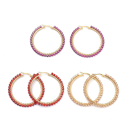 304 Edelstahl-Creolen, mit Messingrhinestoneschalenkette, Ringform, golden