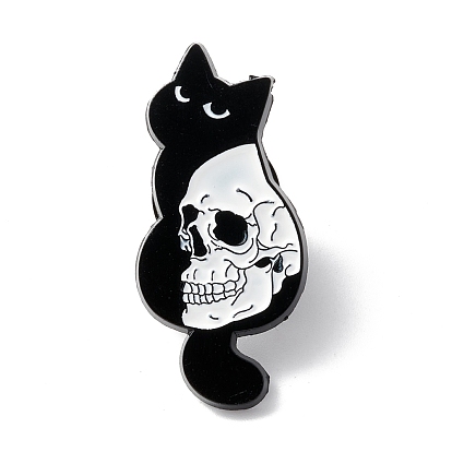 Skull with Cat  Enamel Pin, Halloween Alloy Brooch for Backpack Clothes, Electrophoresis Black