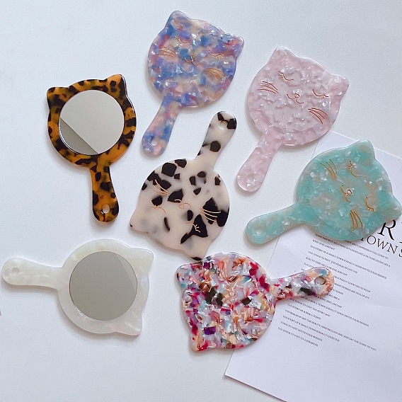 Cute Cat Portable Makeup Mirror with Handle and Retro Acetic Acid Marble Pattern