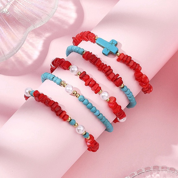 5 шт. 5 стили браслеты из натуральной пресноводной ракушки и синтетической бирюзы, составные браслеты для женщин, Круглые и чипсы