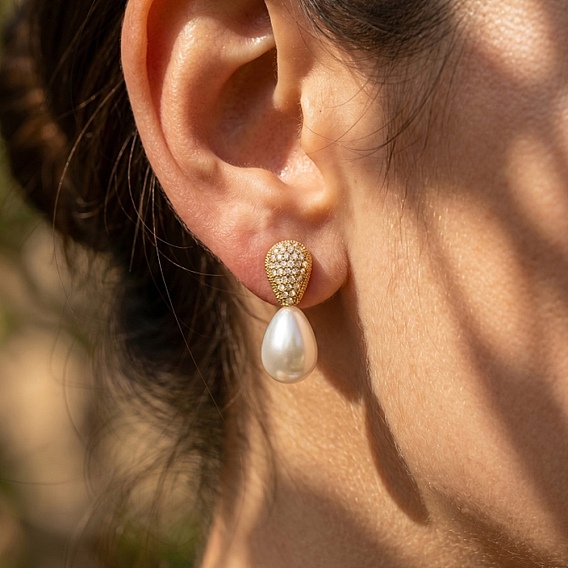 316L Surgical Stainless Steel Micro Pave Cubic Zirconia Stud Earrings for Women, Teardrop, with Plastic Imitation Pearls