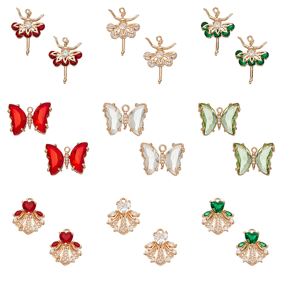 18шт 9 стили стеклянные подвески, с фианитом из микропаве и открытой спинкой из латуни, бабочка/девушка/платье